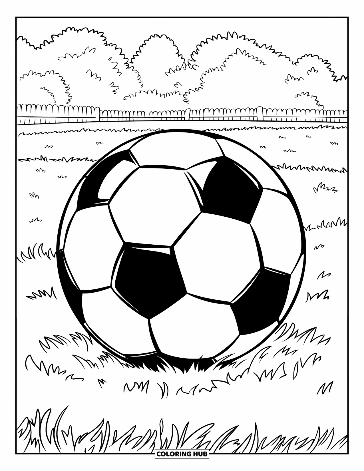 Ball Coloring Page for Kids: A soccer ball rests on grass with trees and a fence in the distance