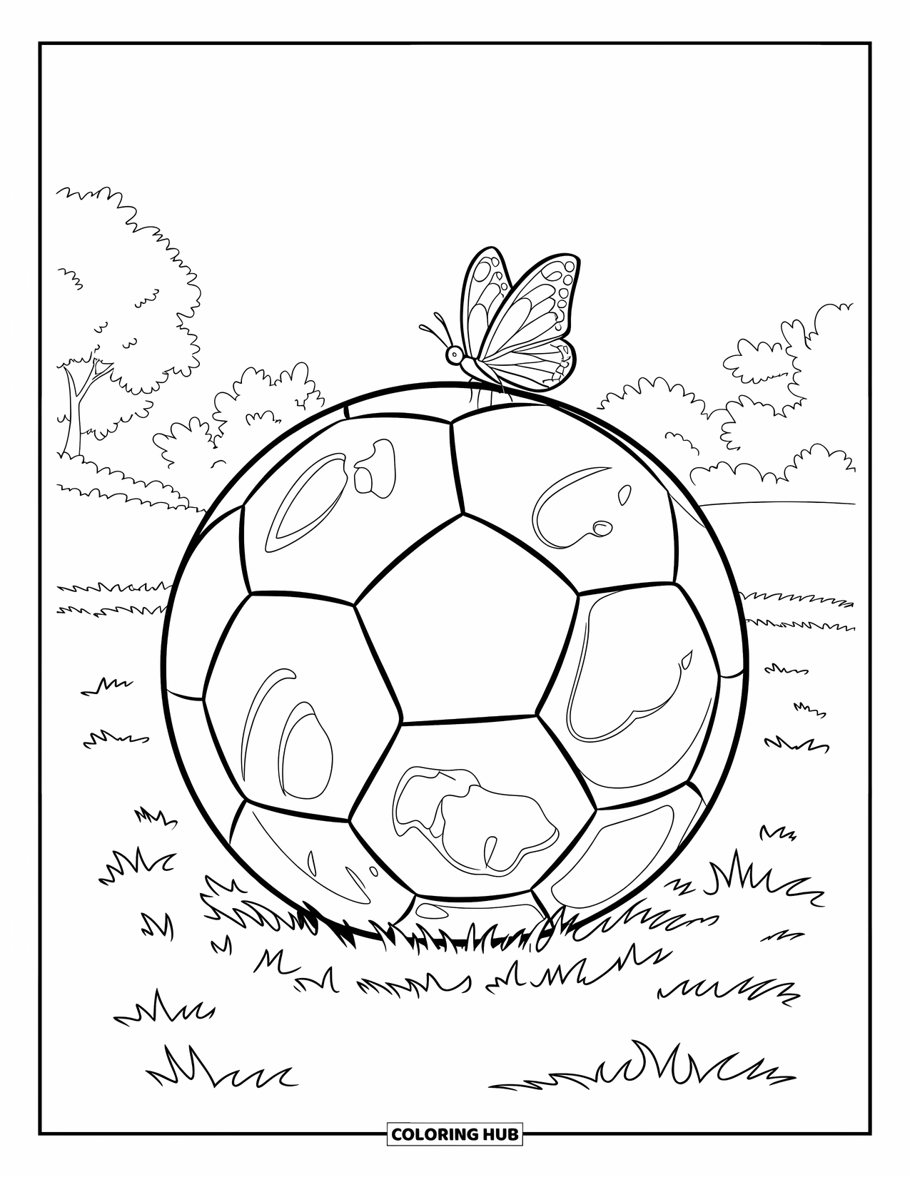 Ball Coloring Page for Kids: A soccer ball with scuffed patches sits in the grass with a butterfly above
