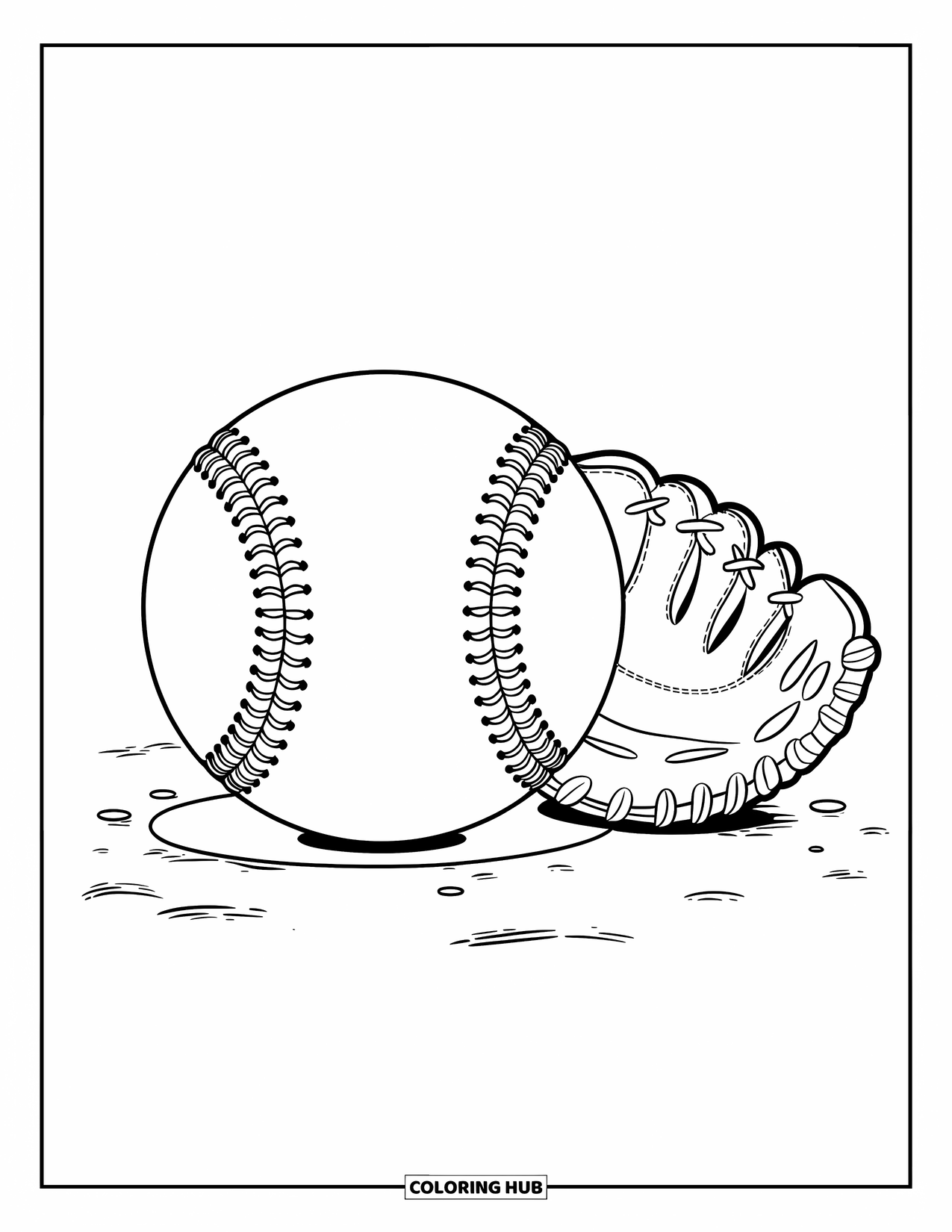 Ball Coloring Page for Kids: A stitched baseball floats near a glove on a simple white background