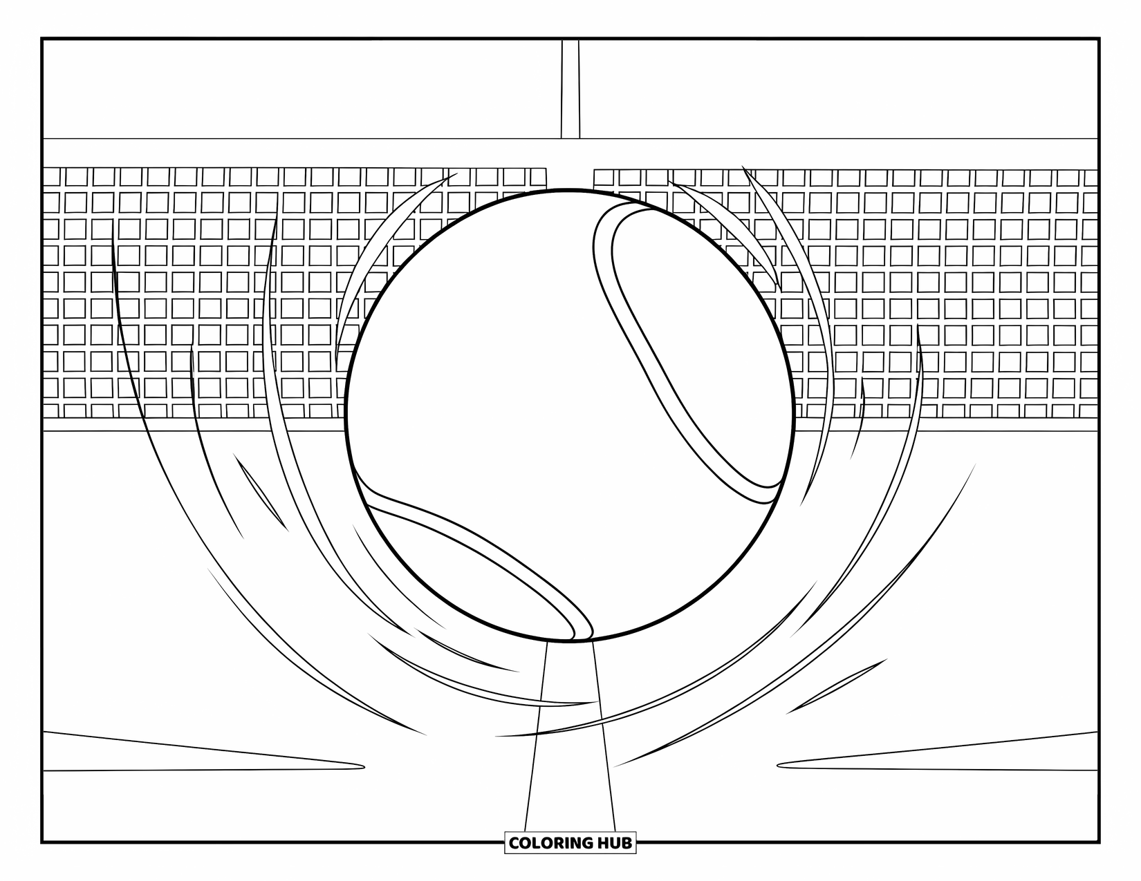 Ball Coloring Page for Kids: A tennis ball floats mid-air with a soft net silhouette behind it