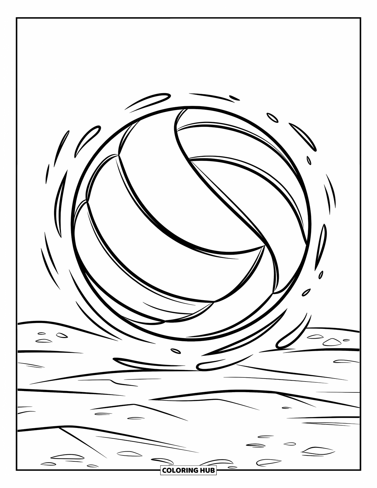 Ball Coloring Page for Kids: A volleyball rises above sandy ground with a clear, open background