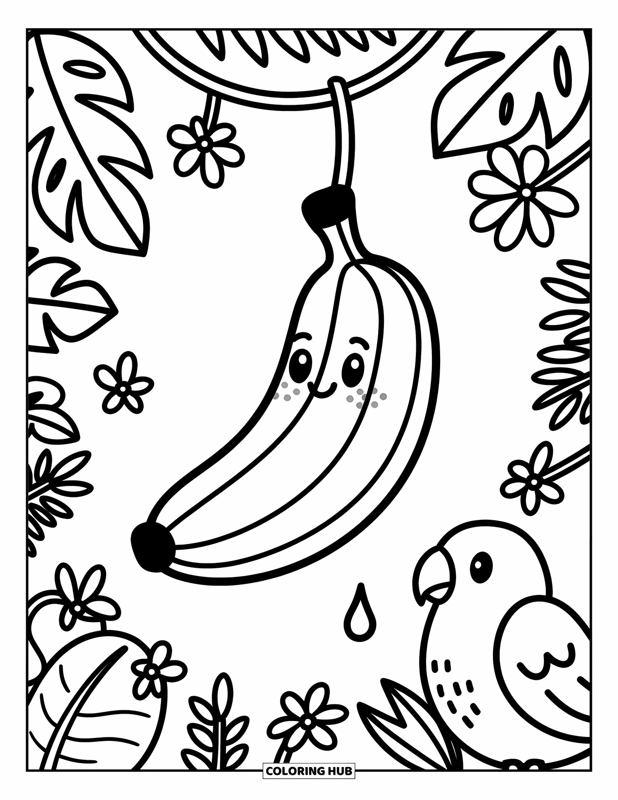 Banana Coloring Page for Adults: A banana dangles near a parrot and jungle leaves in a fun tropical scene