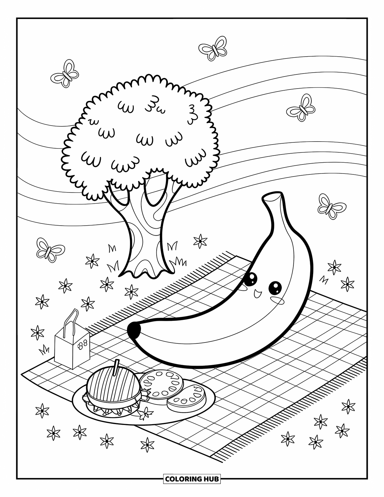 Banana Coloring Page for Adults: A banana reclines under a small tree with snacks and butterflies fluttering all around