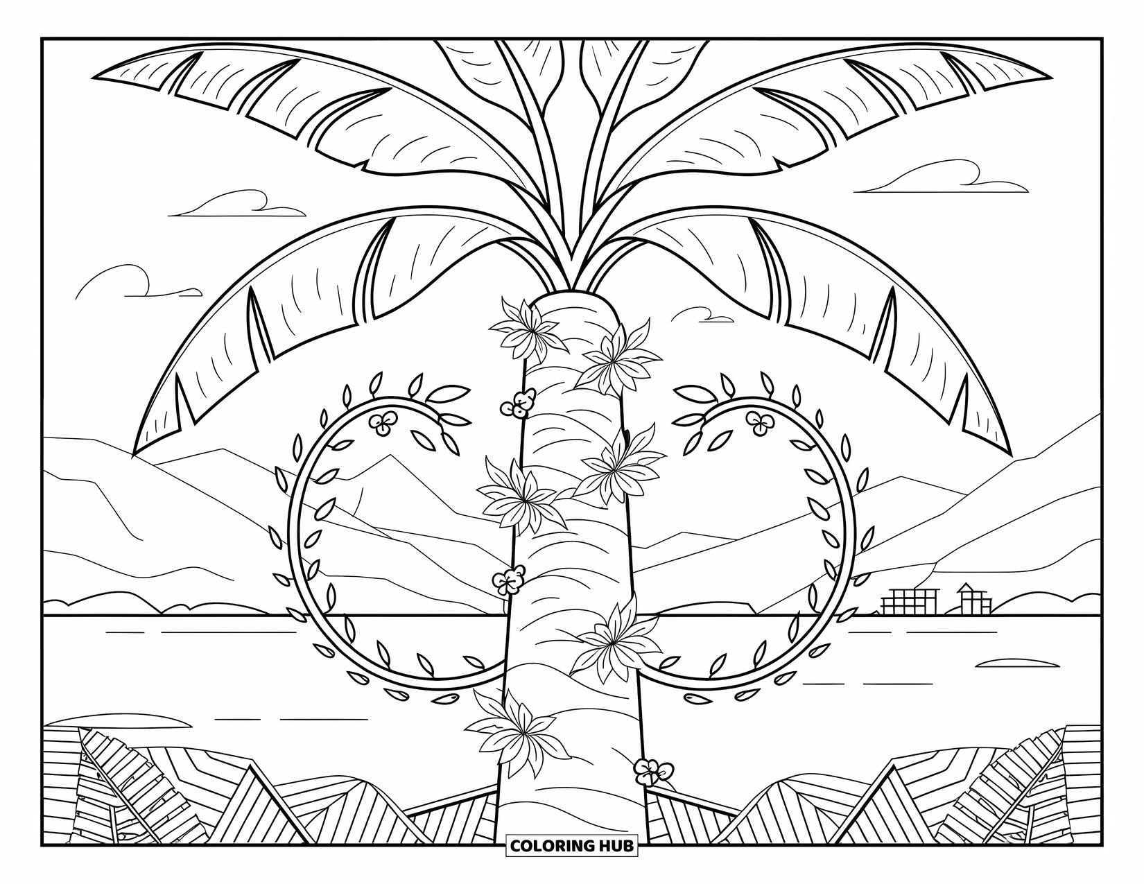 Banana Coloring Page for Adults: A banana tree is surrounded by spiraling vines and flowers in a peaceful landscape