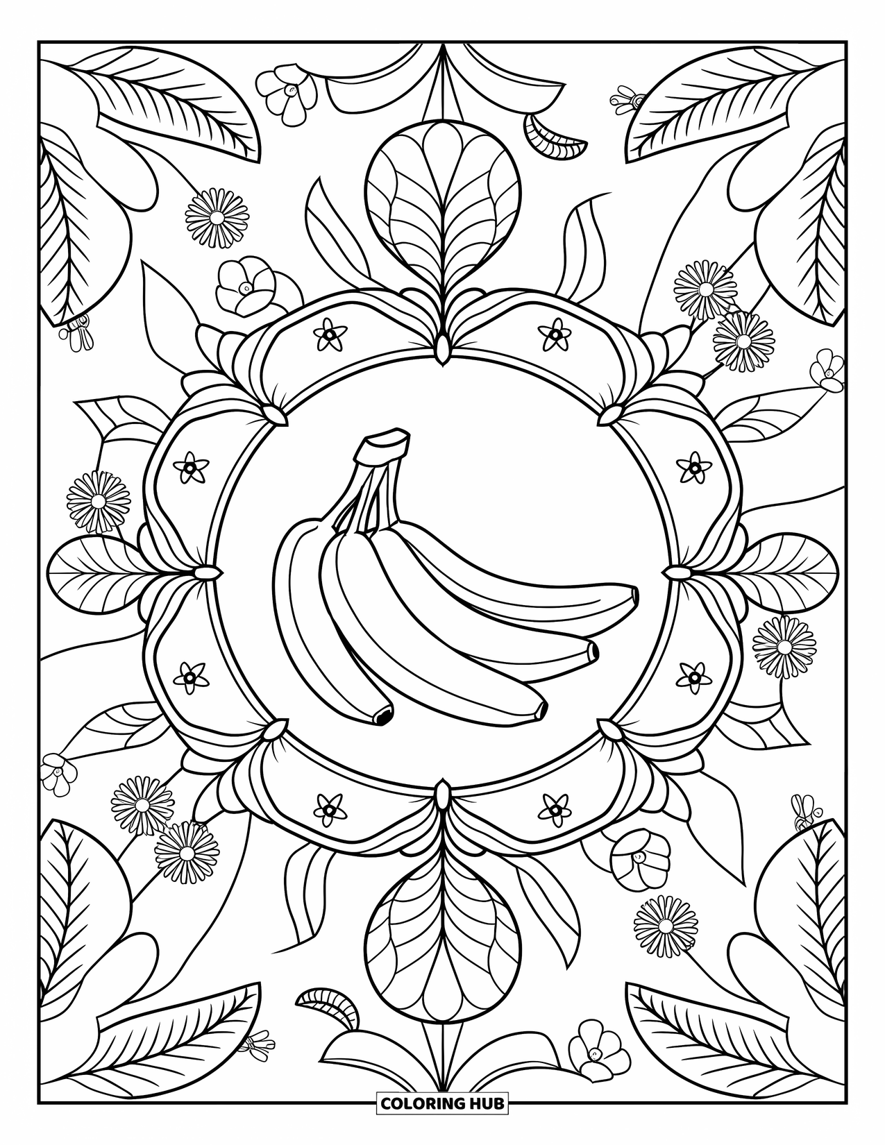 Banana Coloring Page for Adults: A bunch of bananas is centered in a leafy floral mandala pattern