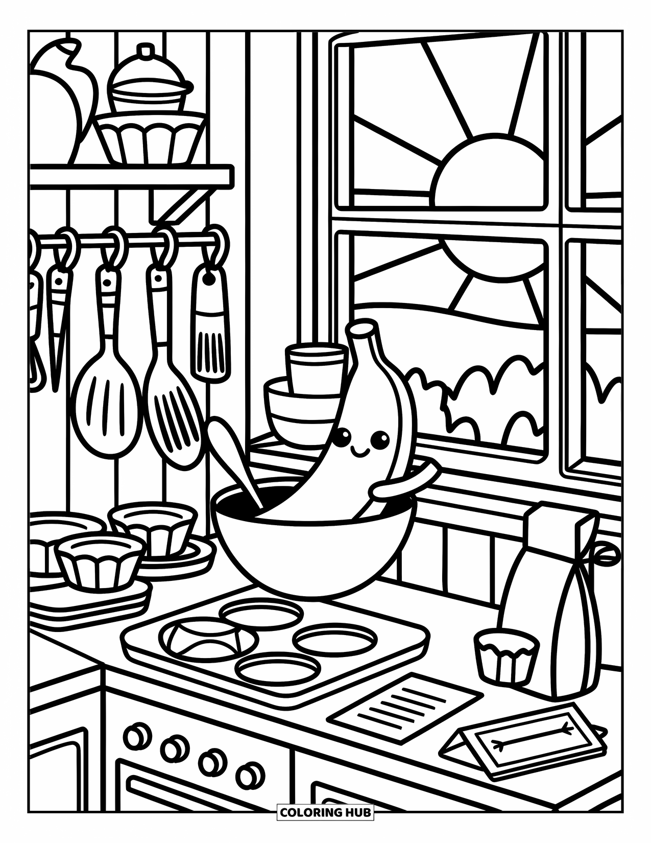 Banana Coloring Page for Adults: A cheerful banana mixes batter in a cozy kitchen full of muffin trays and flour sacks