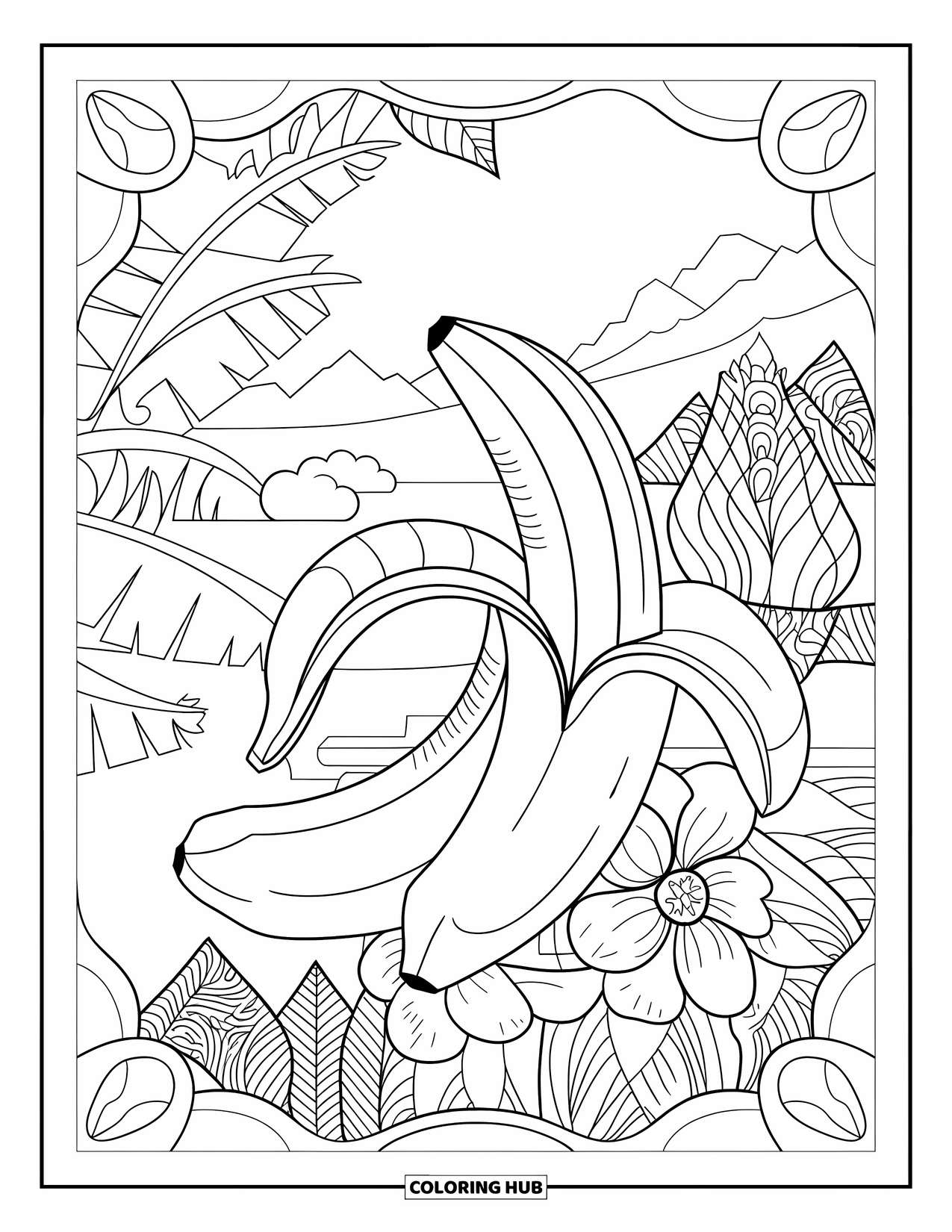 Banana Coloring Page for Adults: A peeled banana sits in a floral mandala landscape with trees and distant hills