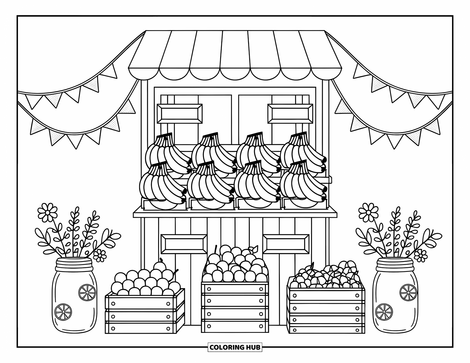 Banana Coloring Page for Adults: Bananas and fruit crates fill a wooden stand with flags and flower jars on each side