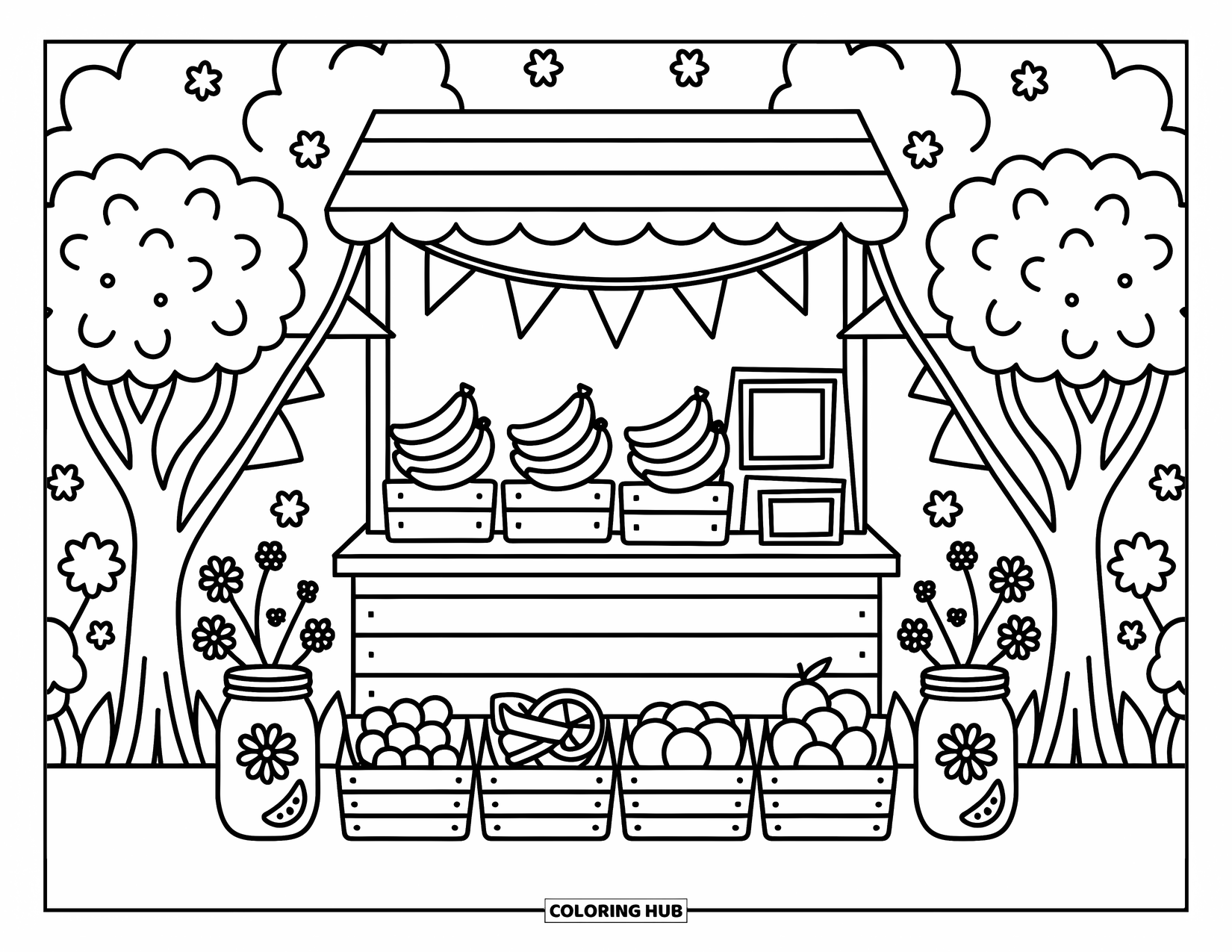 Banana Coloring Page for Adults: Bananas and fruits sit in a wooden stand decorated with mason jars and playful flags
