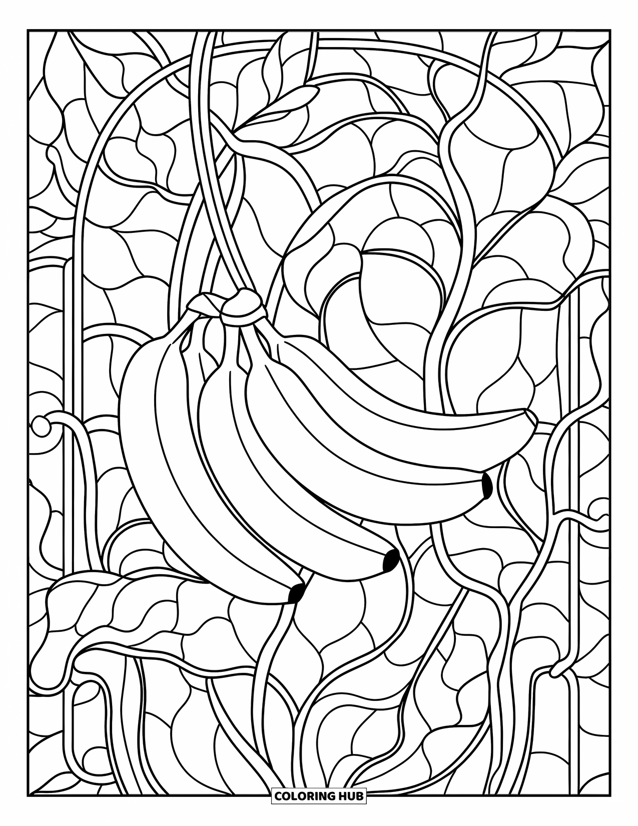 Banana Coloring Page for Adults: Bananas and vines wind through stained-glass shapes filled with leafy details