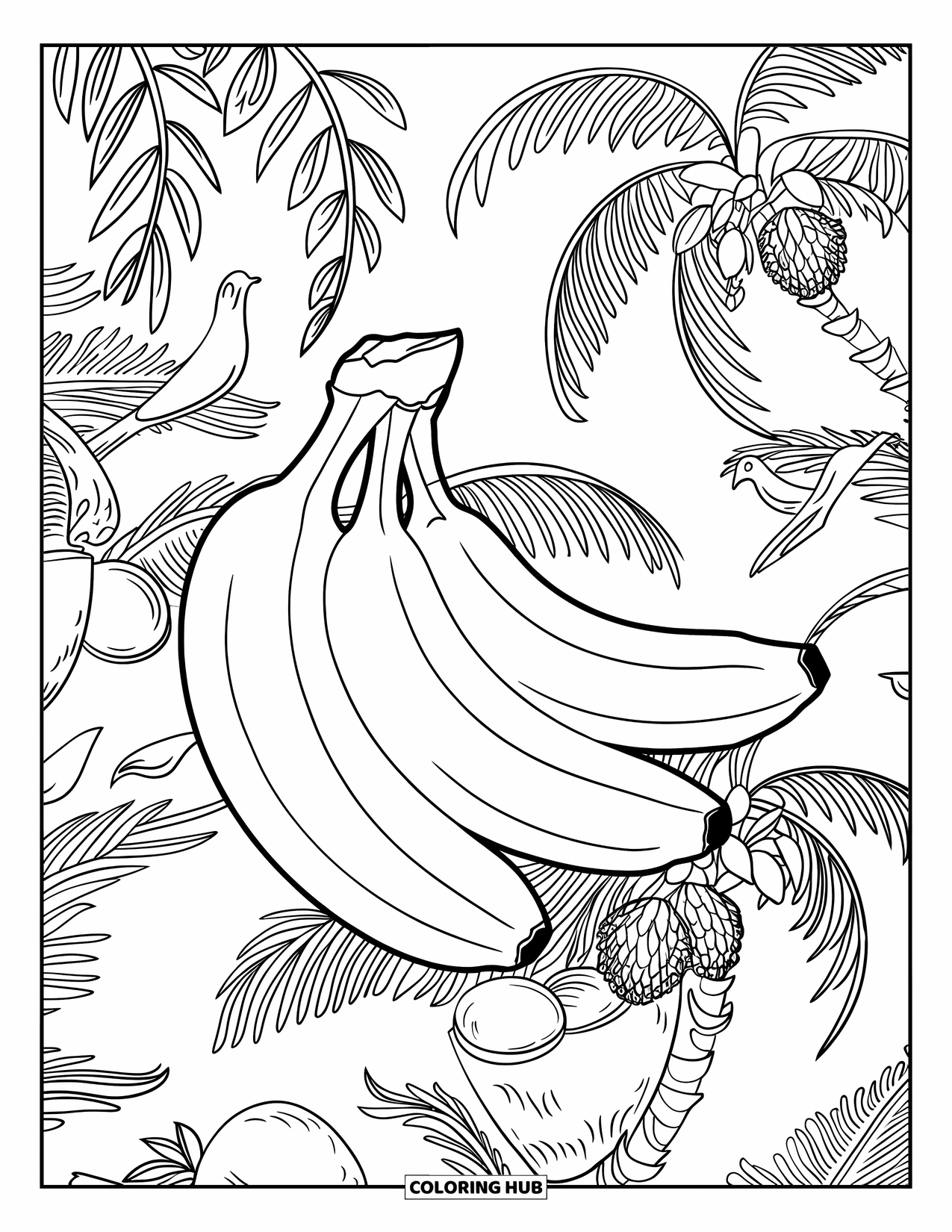 Banana Coloring Page for Adults: Bananas hang among palm trees, coconuts, and birds in a full leafy pattern