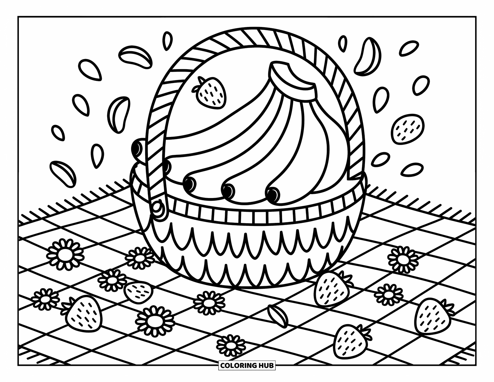 Banana Coloring Page for Adults: Bananas sit in a woven basket surrounded by strawberries and flowers on a picnic mat