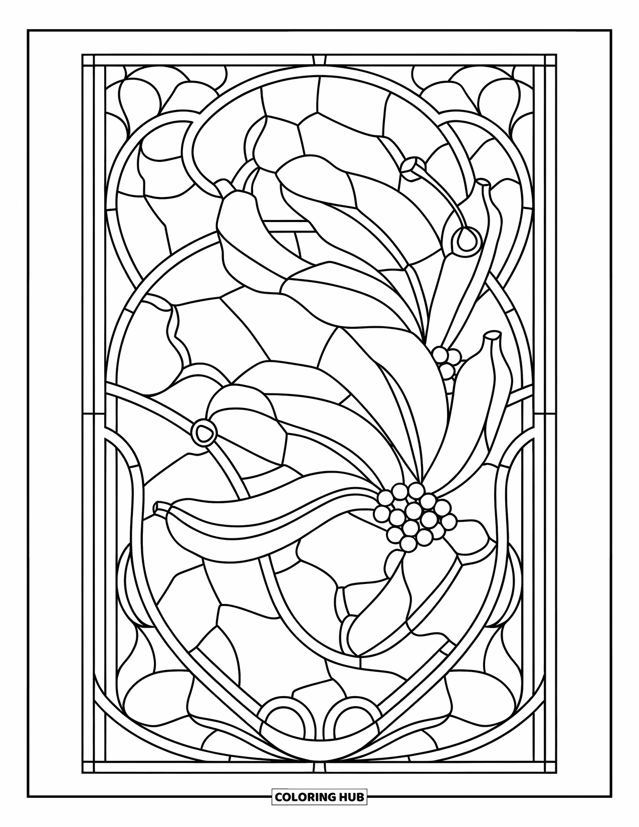Banana Coloring Page for Adults: Bananas twist through vines in an ornate stained-glass-inspired pattern