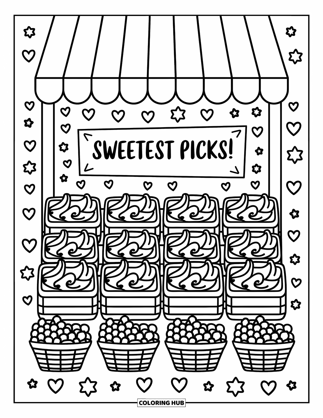 Banana Coloring Page for Adults: Mini bananas fill crates under a striped awning with signs and baskets of tiny fruit