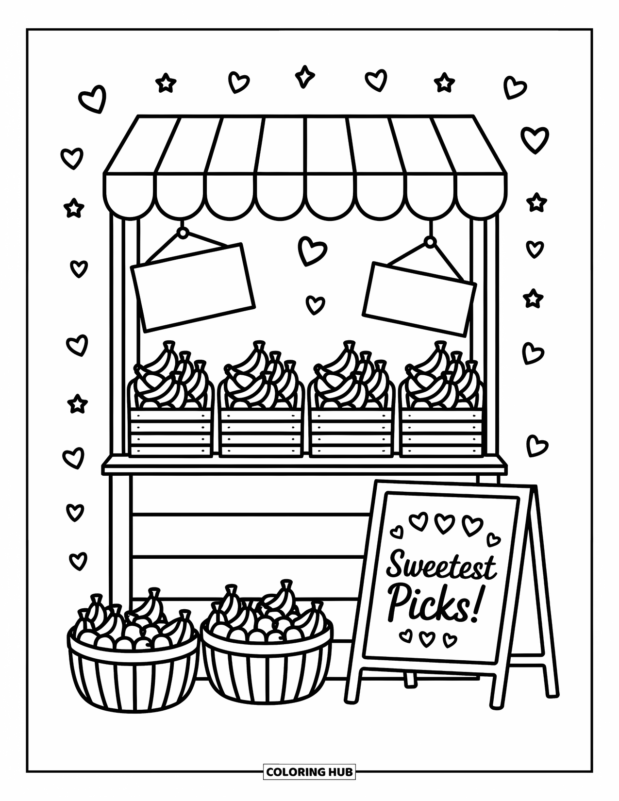 Banana Coloring Page for Adults: Tiny bananas fill wooden crates under a striped market stall with doodled hearts and stars