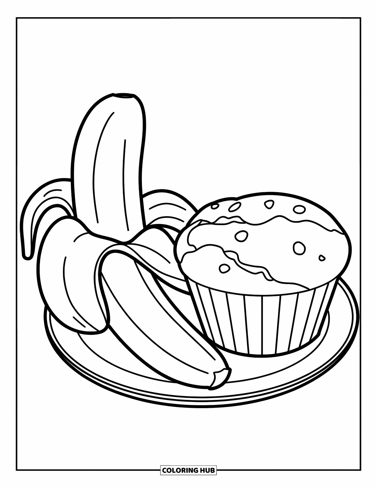Banana Coloring Page for Kids: A banana and muffin share a plate in a simple, fun setup
