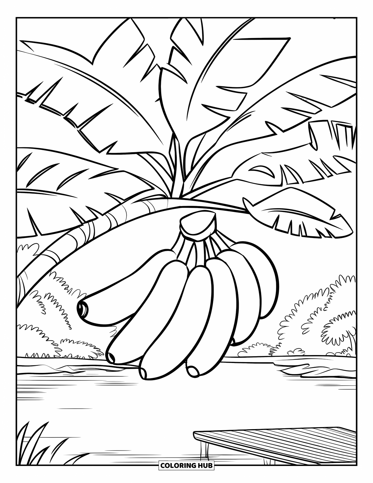 Banana Coloring Page for Kids: A banana bunch dangles from a tree in a peaceful forest