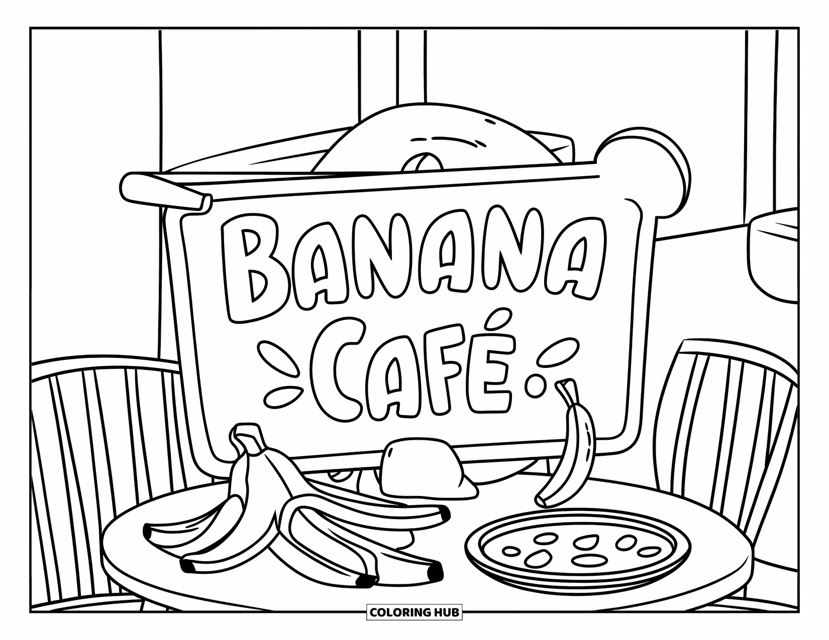 Banana Coloring Page for Kids: A banana-themed café sign sits on a table with fun banana items