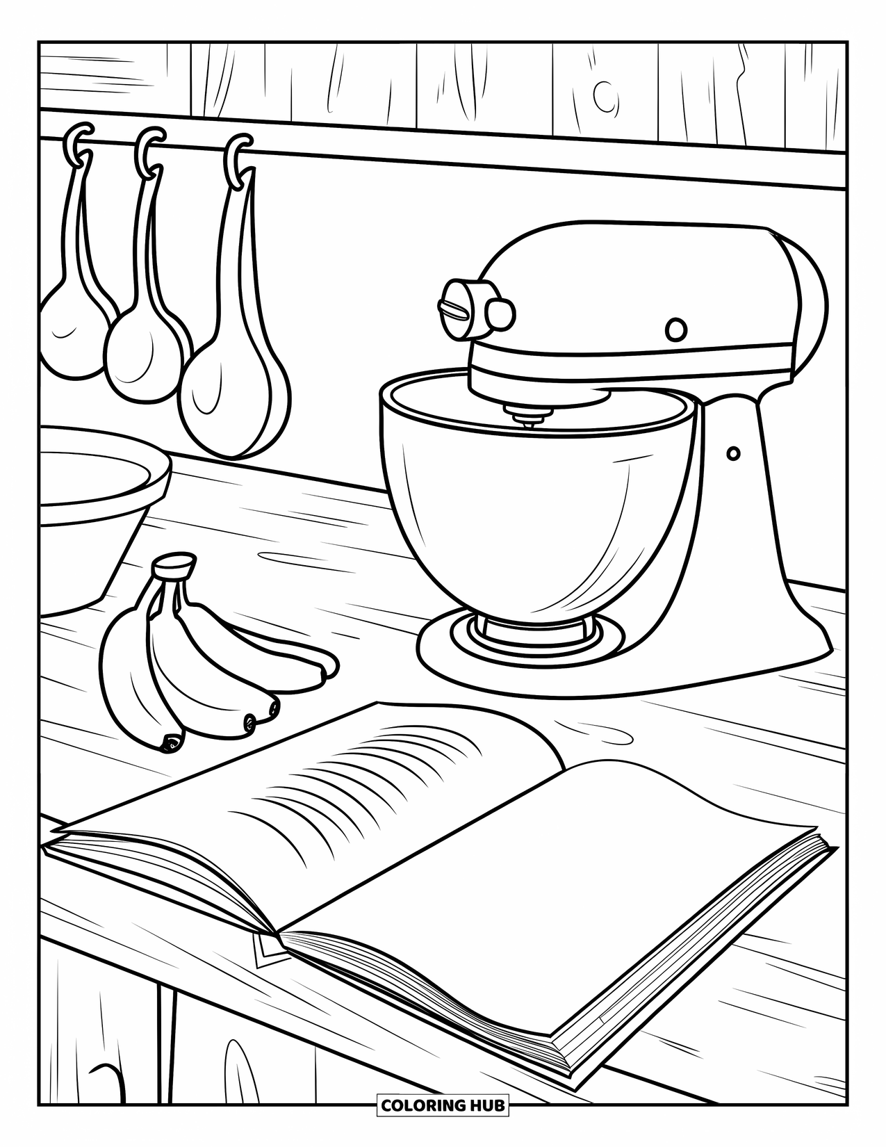 Banana Coloring Page for Kids: A cozy kitchen counter holds bananas, a mixer, and a recipe book