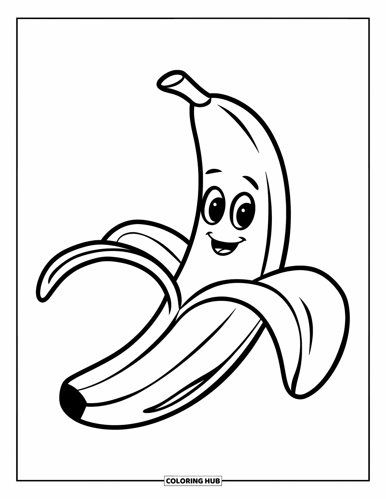 Banana Coloring Page for Kids: A happy banana smiles brightly on a clean, simple background