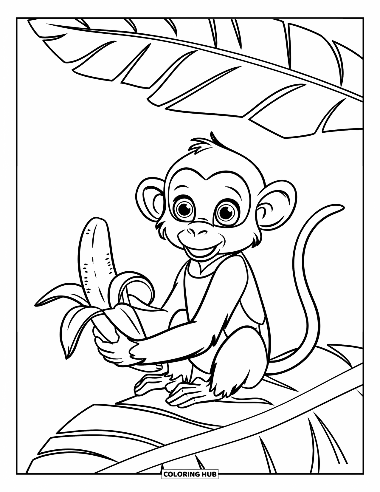 Banana Coloring Page for Kids: A happy monkey in a vest sits on a leafy seat with a banana