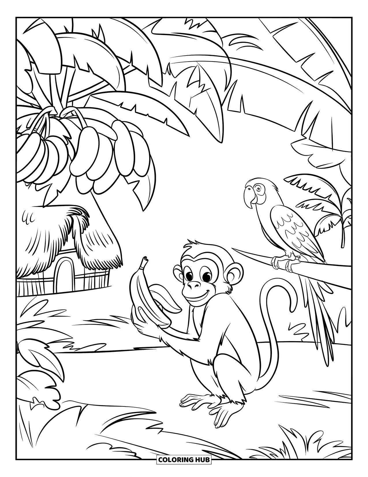 Banana Coloring Page for Kids: A monkey holds a banana in a lush jungle full of banana trees