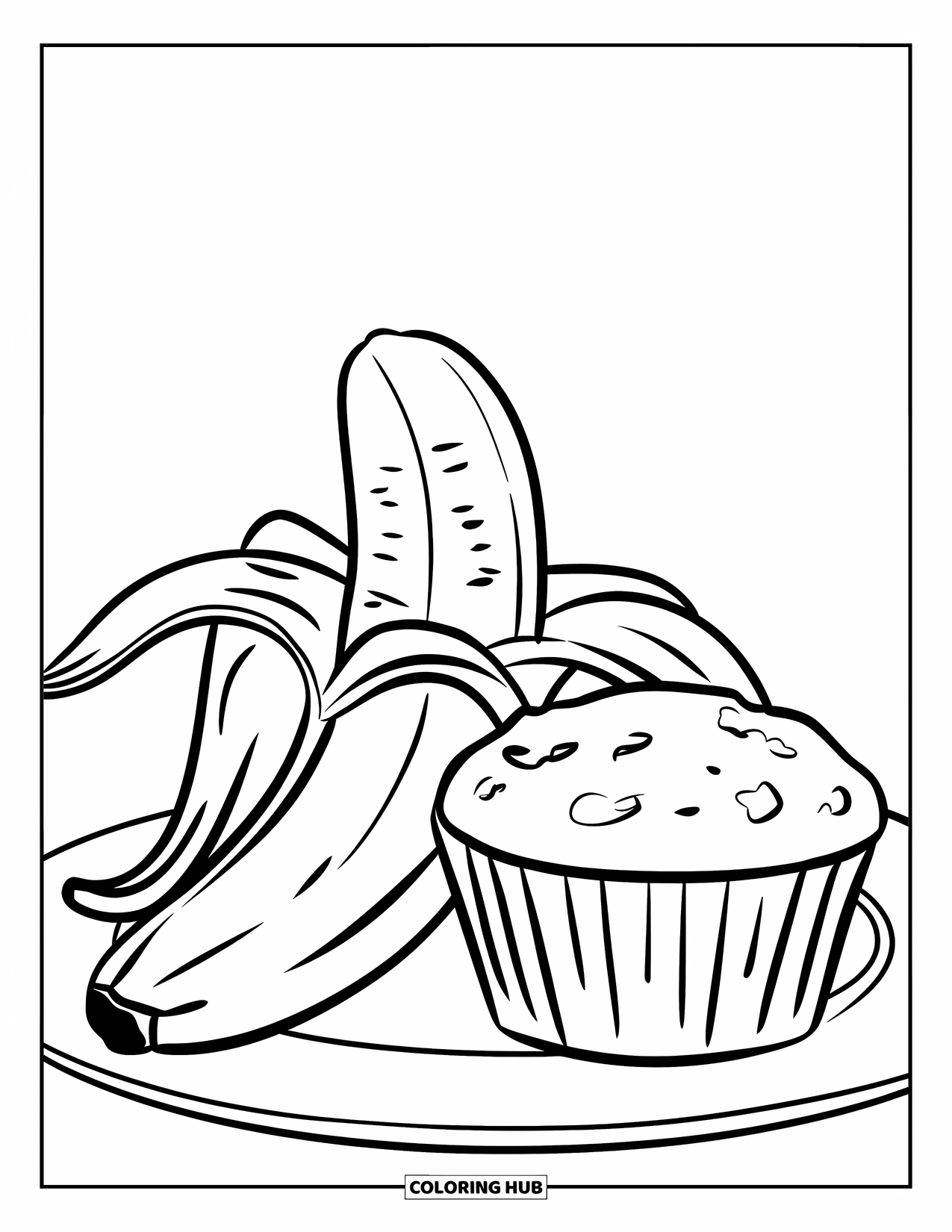 Banana Coloring Page for Kids: A peeled banana and a banana muffin sit together on a plate
