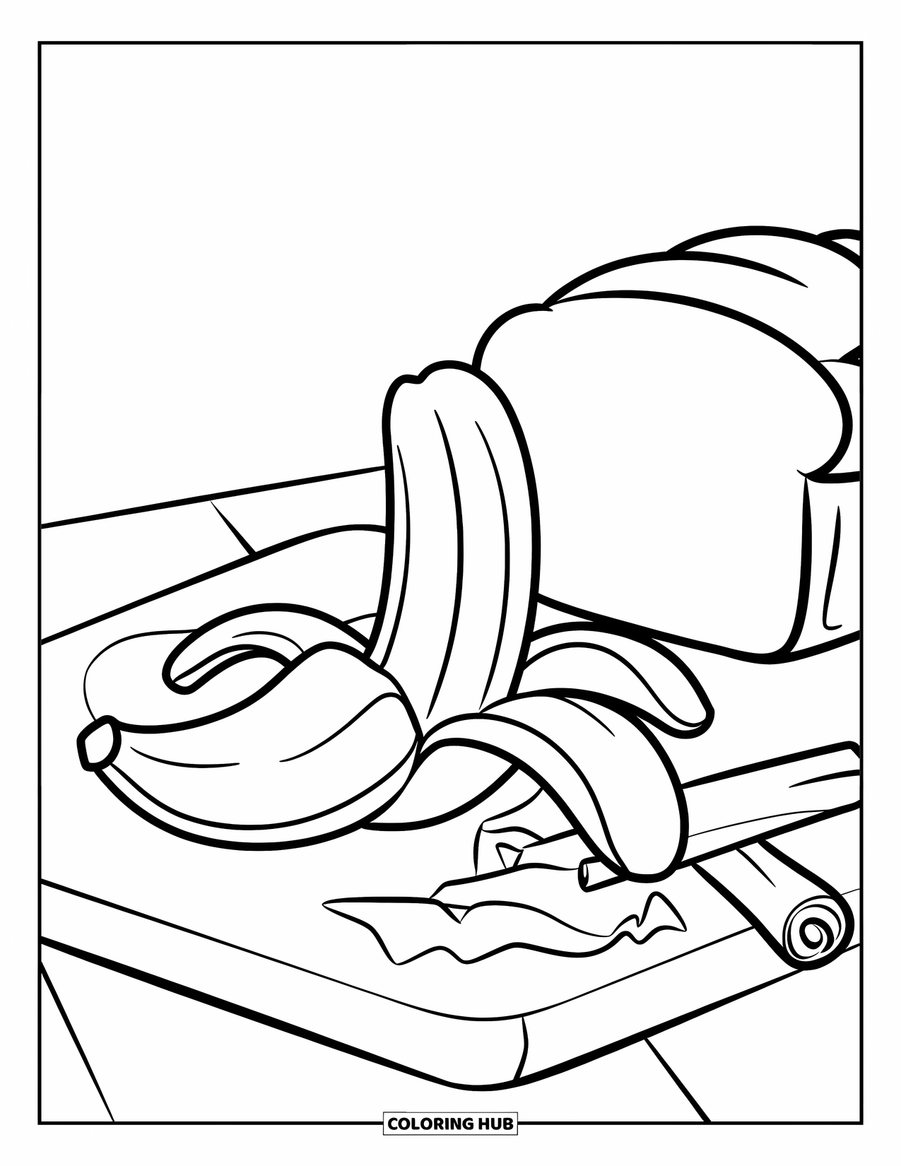 Banana Coloring Page for Kids: A peeled banana rests beside bread and cinnamon on a cutting board