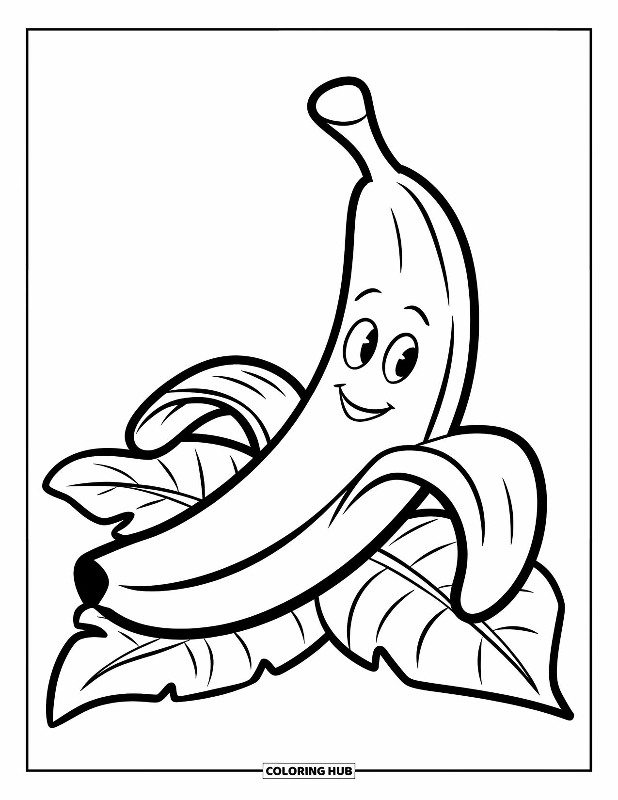 Banana Coloring Page for Kids: A single banana with a happy face sits on a leafy spot