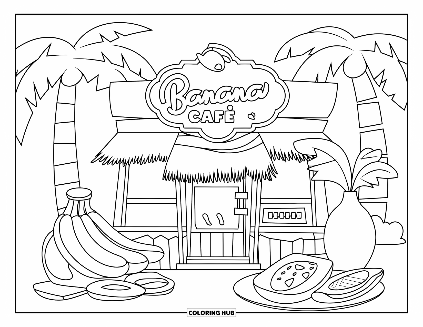 Banana Coloring Page for Kids: A tropical "Banana Café" sign is surrounded by banana goodies and palm trees