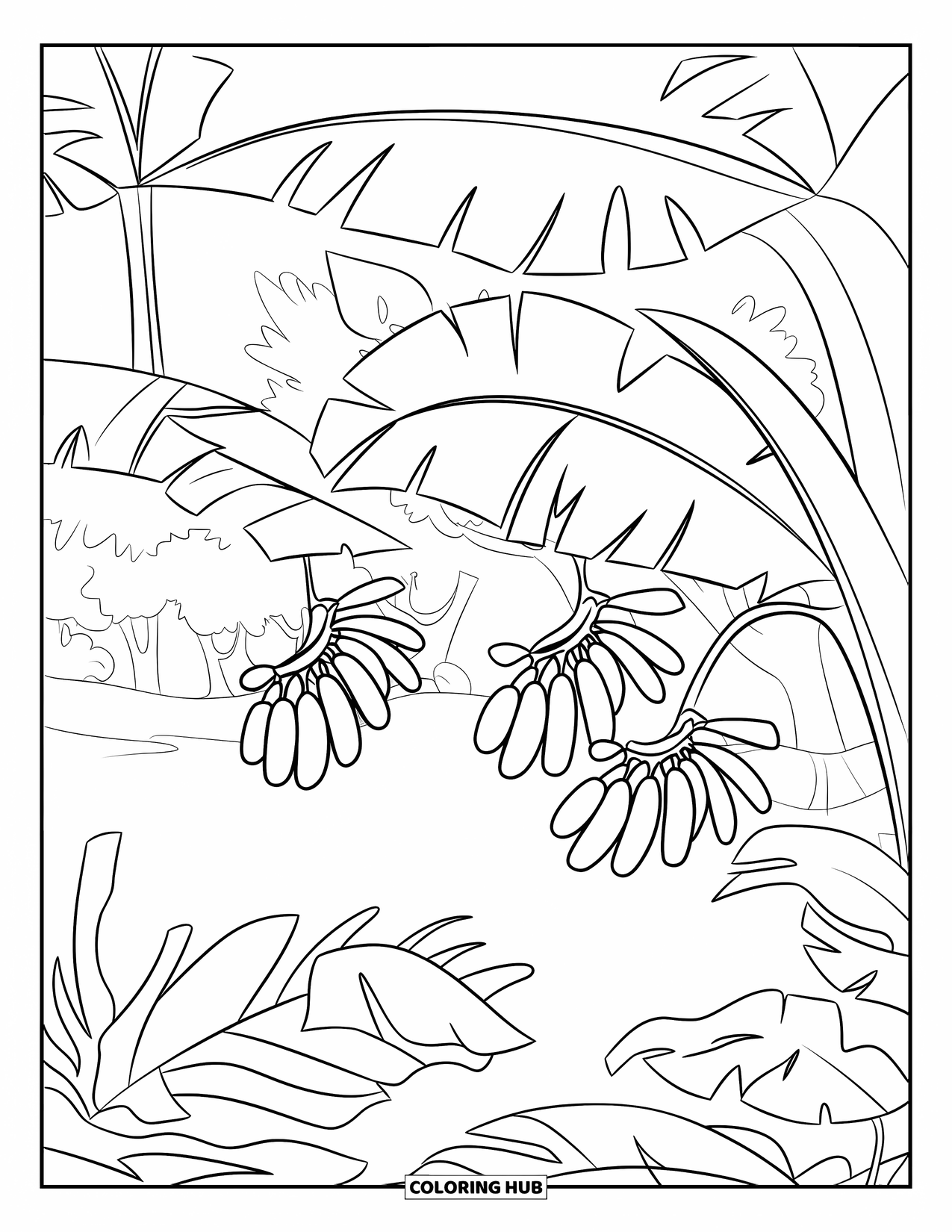 Banana Coloring Page for Kids: Banana leaves and trees fill the scene in a quiet jungle corner