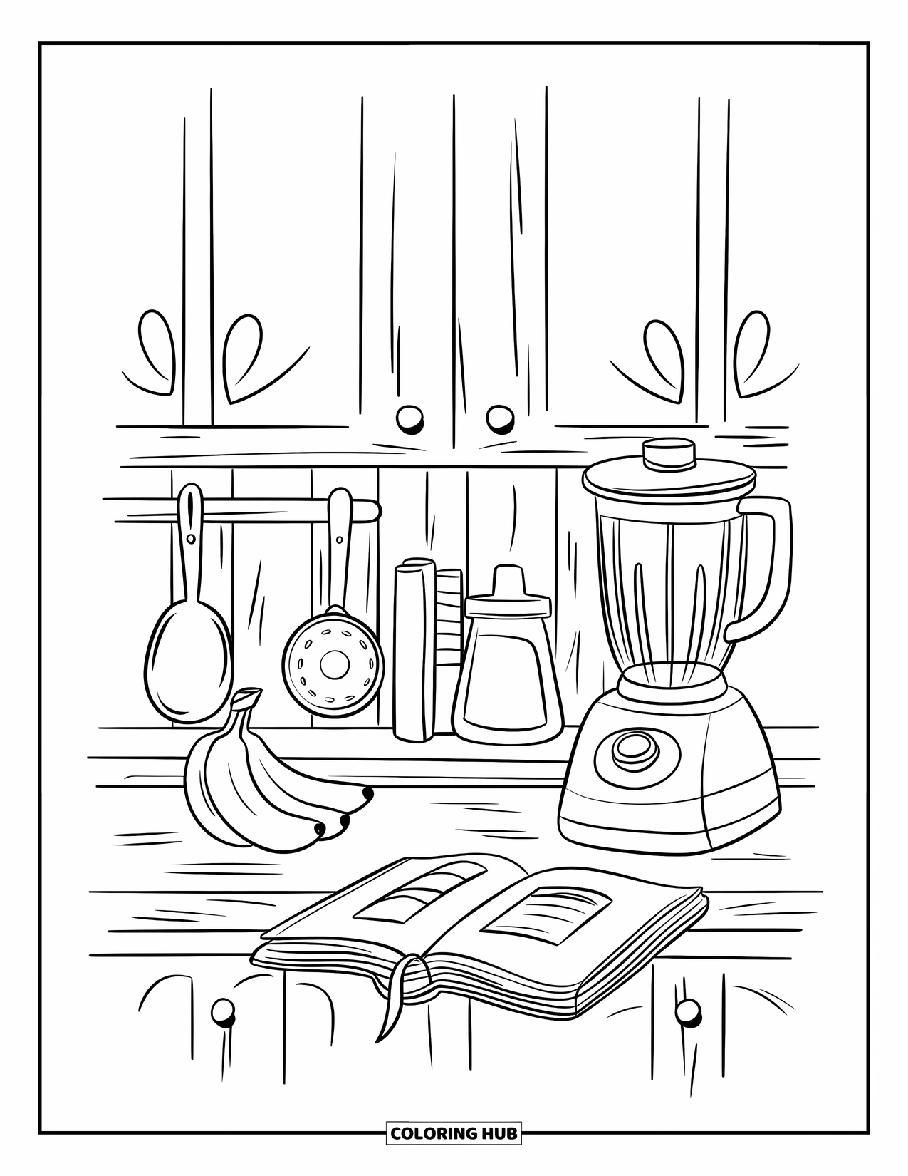 Banana Coloring Page for Kids: Bananas and a retro mixer rest on a vintage kitchen counter