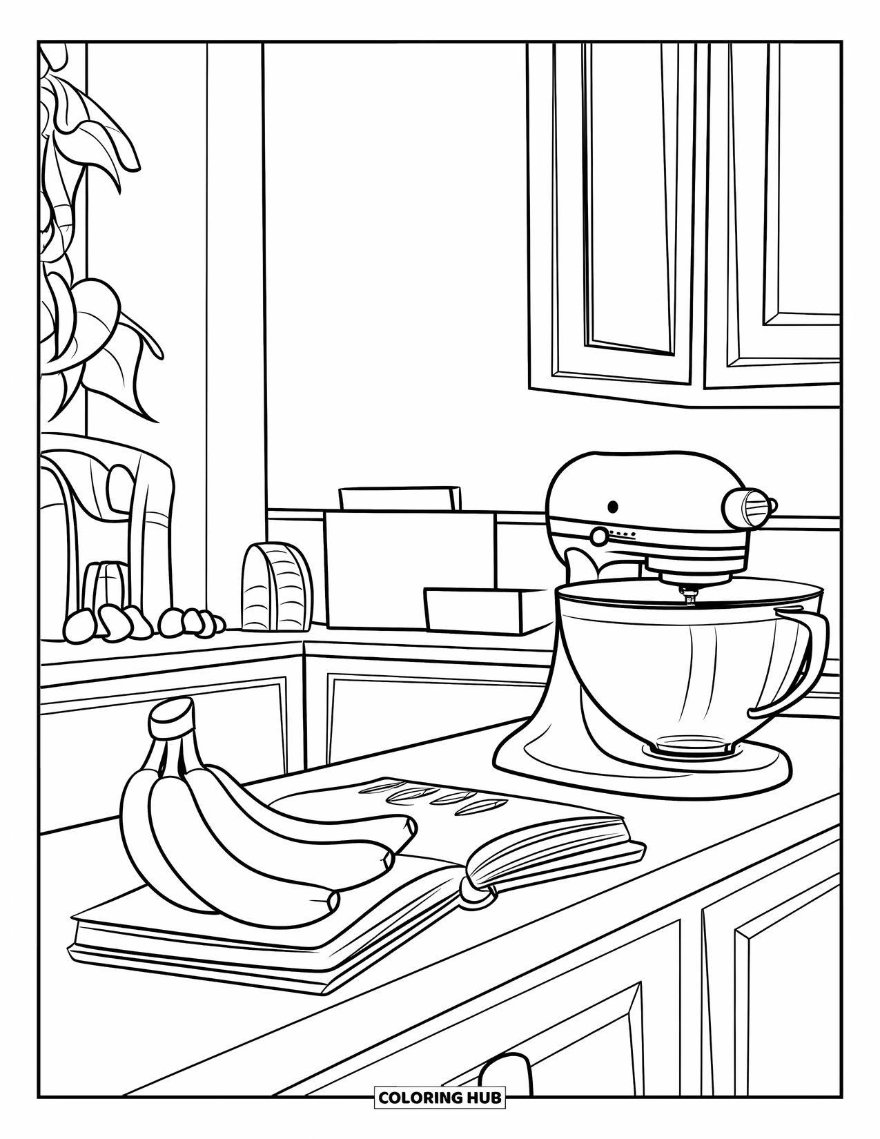 Banana Coloring Page for Kids: Bananas sit on a kitchen counter with a recipe book and mixer nearby