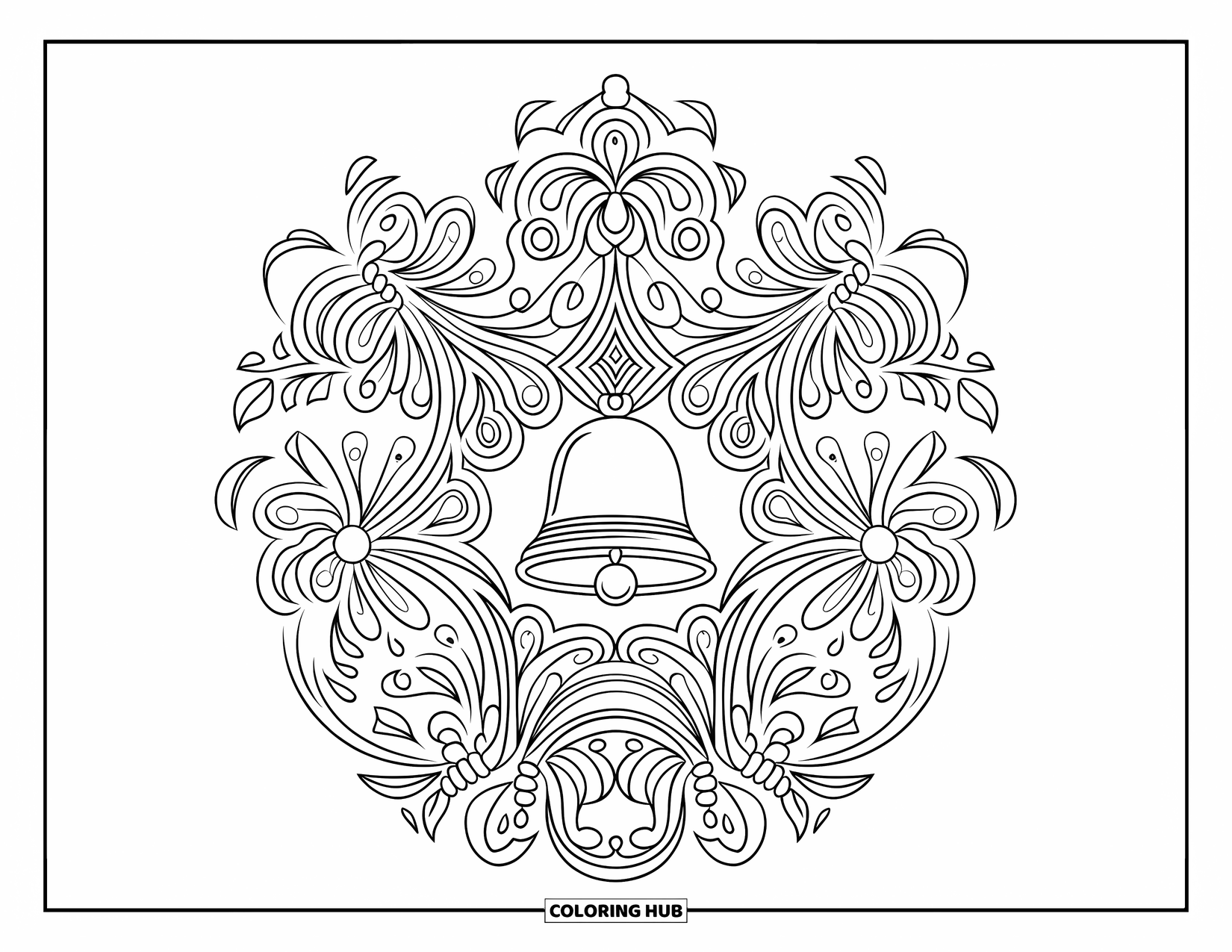 Bell Coloring Page for Adults: Antique bell centered in a floral filigree full of leaves and vines