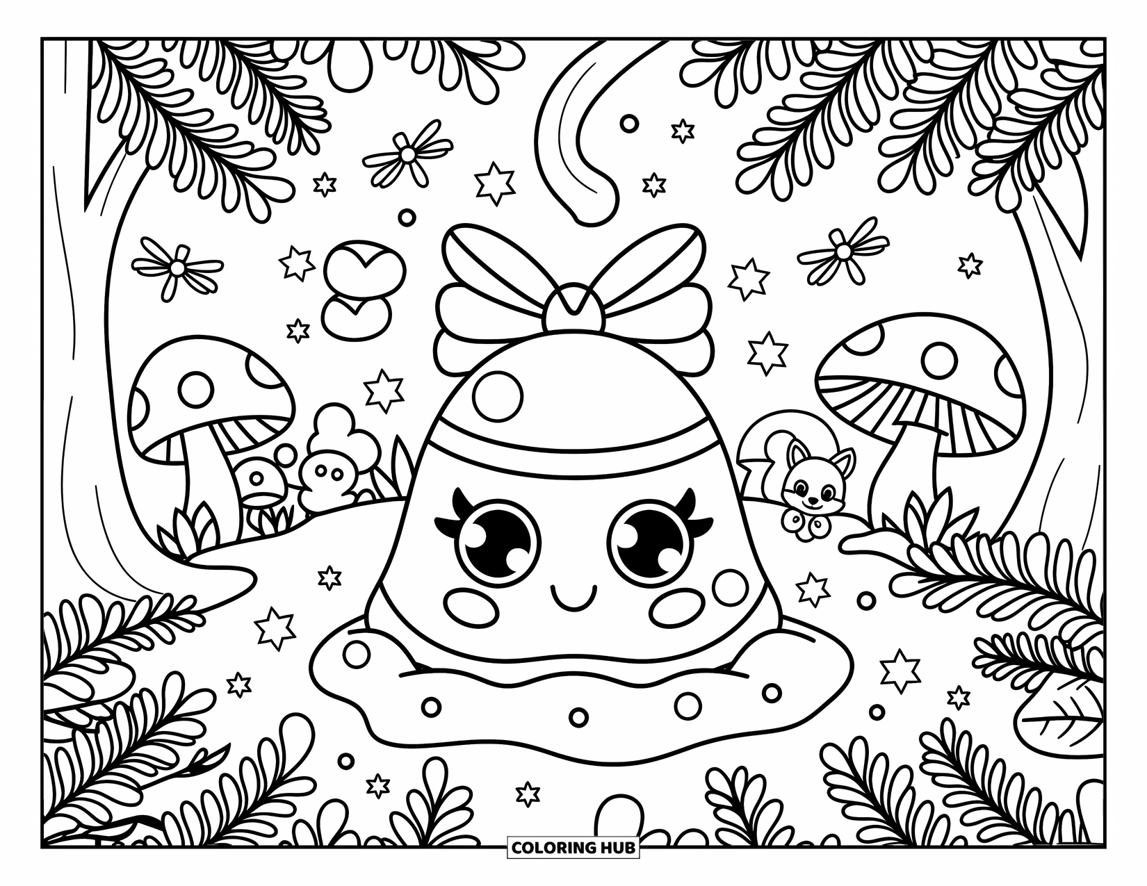 Bell Coloring Page for Adults: Bell on moss with mushrooms, a squirrel, and a sleeping fox in the forest