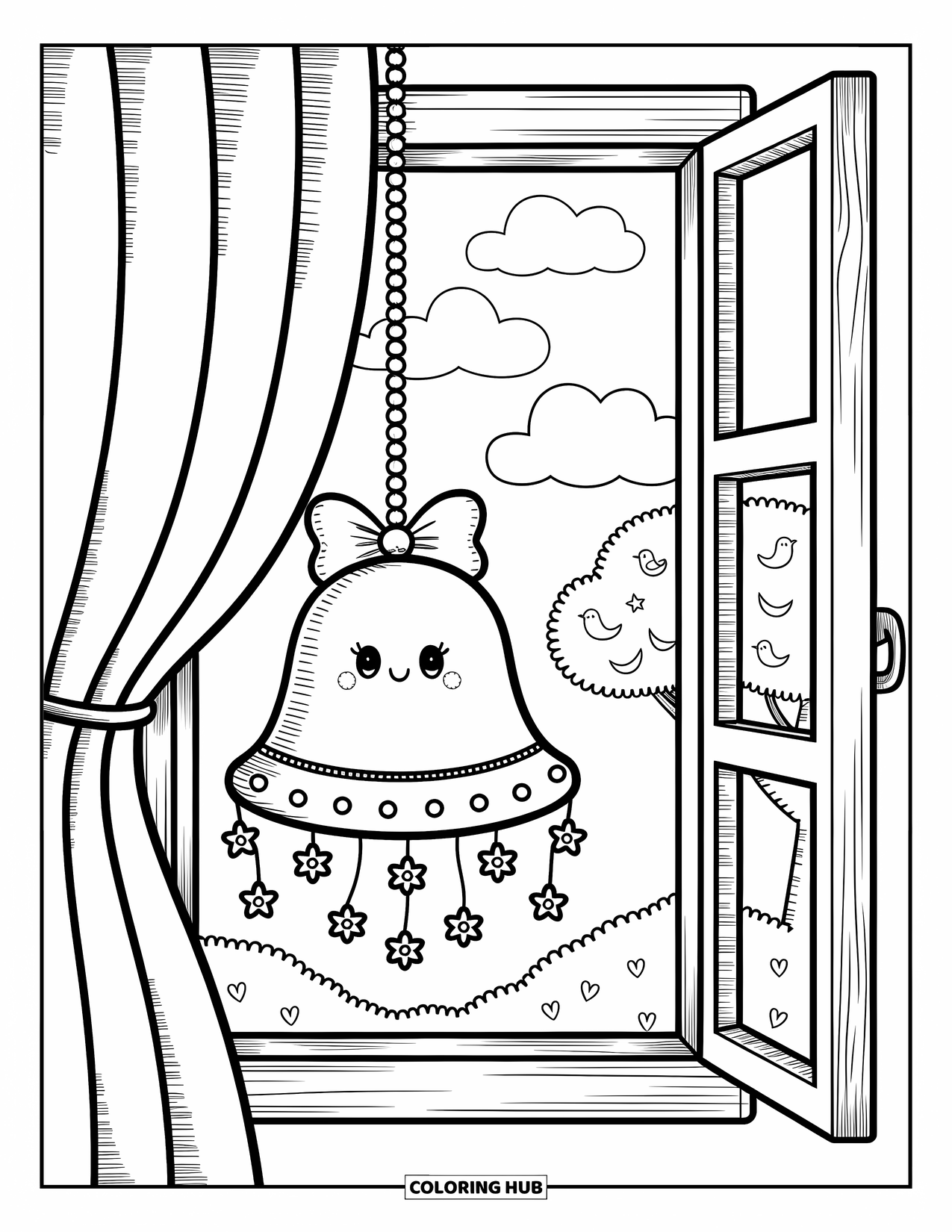 Bell Coloring Page for Adults: Bell with charms hanging from an open window with birds and puffy clouds outside