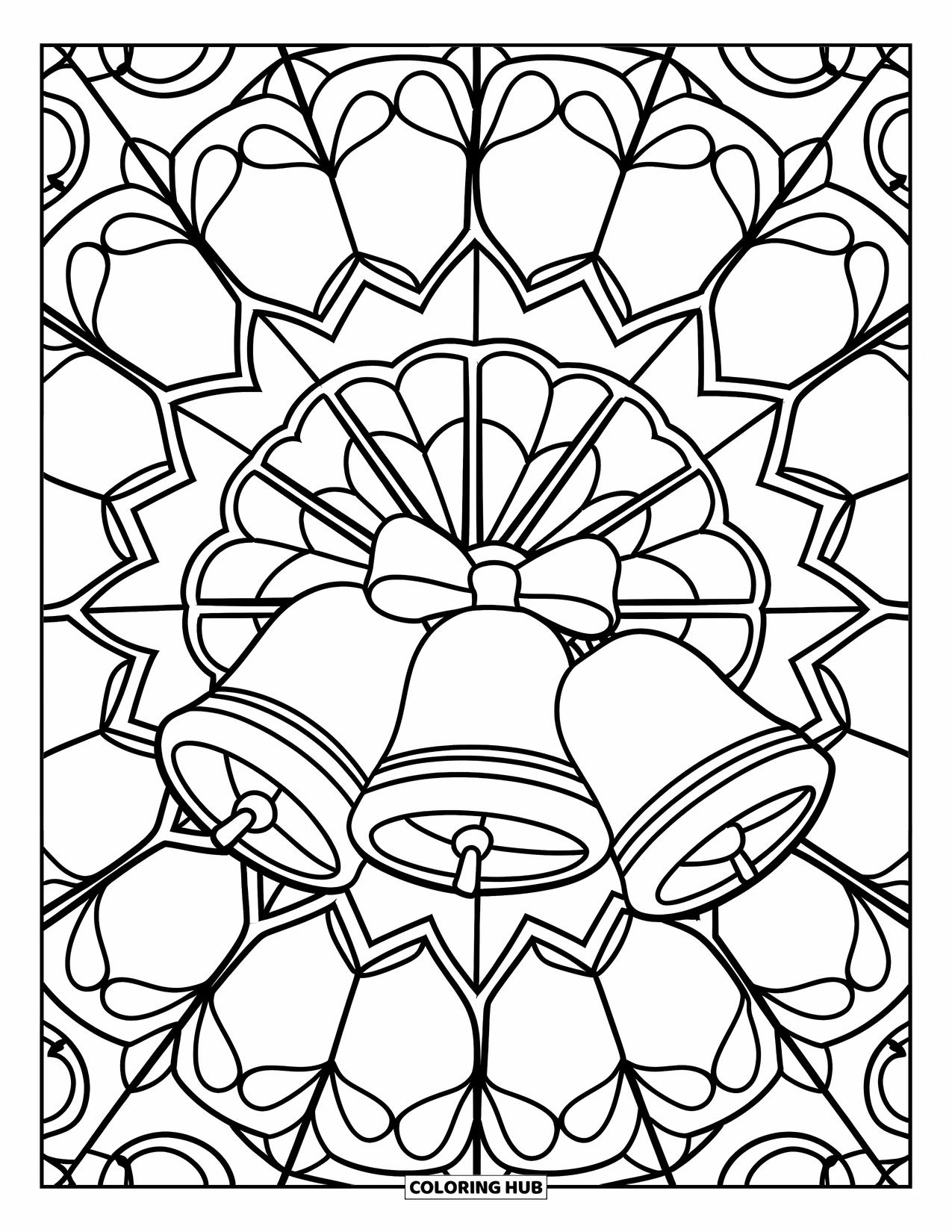 Bell Coloring Page for Adults: Bells nestled in a stained-glass snowflake filled with intricate patterns