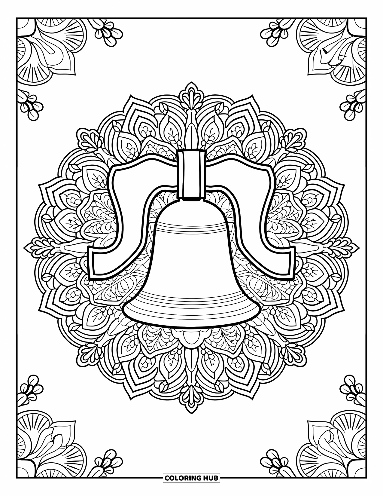 Bell Coloring Page for Adults: Botanical mandala wraps around a vintage church bell with intricate leaves and vines