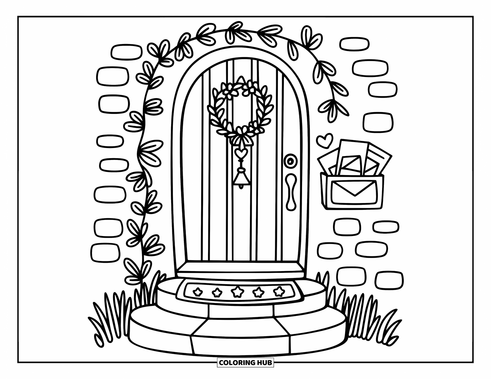 Bell Coloring Page for Adults: Charming cottage door with a hanging bell, mail slot, and heart-decorated doormat