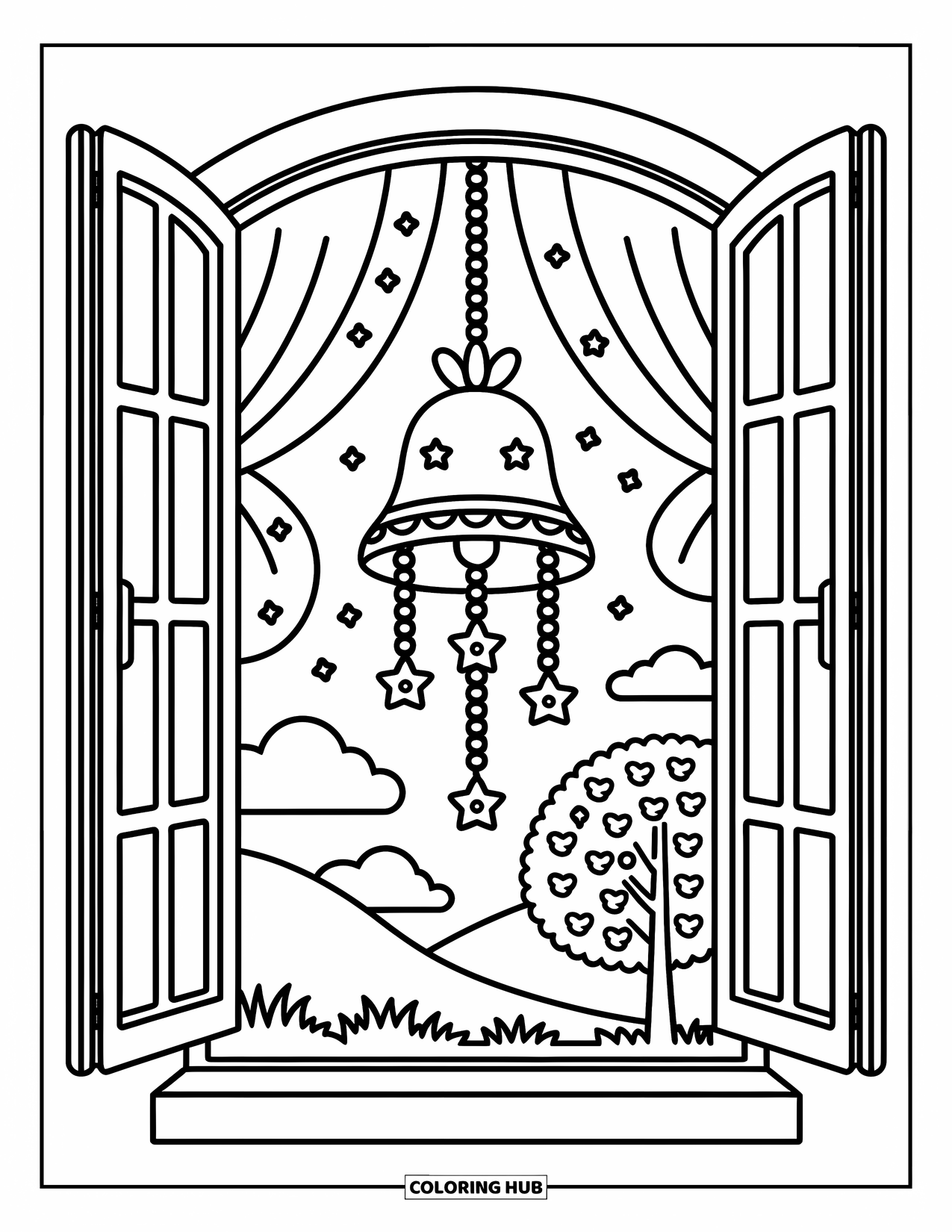 Bell Coloring Page for Adults: Charming wind chime by a window with birds, clouds, and flower-shaped charms