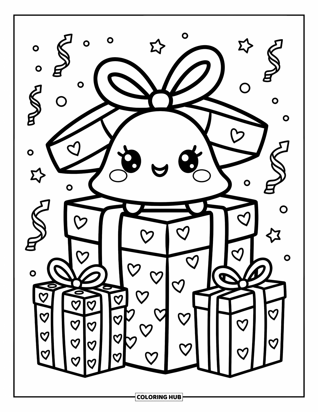 Bell Coloring Page for Adults: Cheerful bell peeking from a gift box surrounded by presents and party confetti