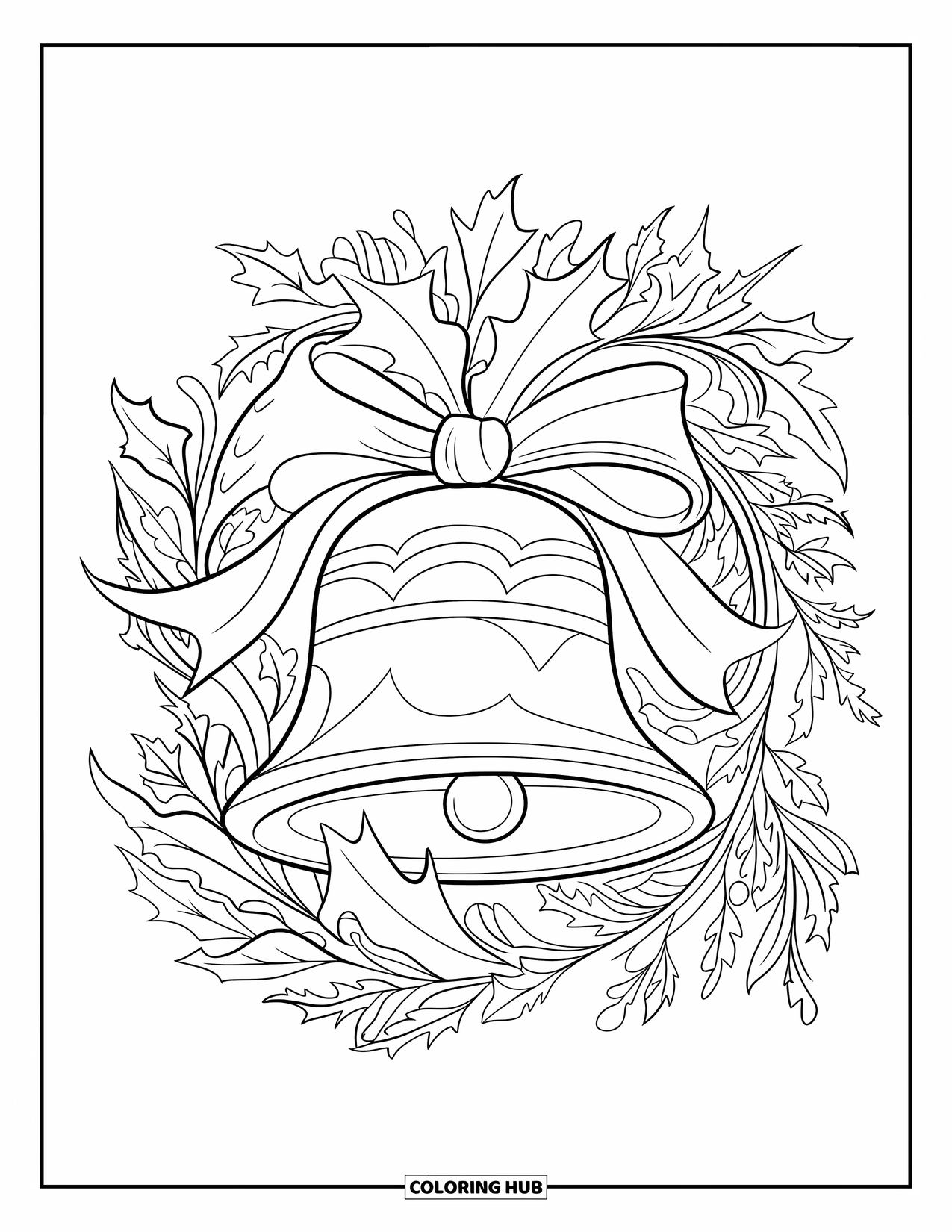 Bell Coloring Page for Adults: Christmas bell with ribbon, surrounded by twisting holly leaves and branches