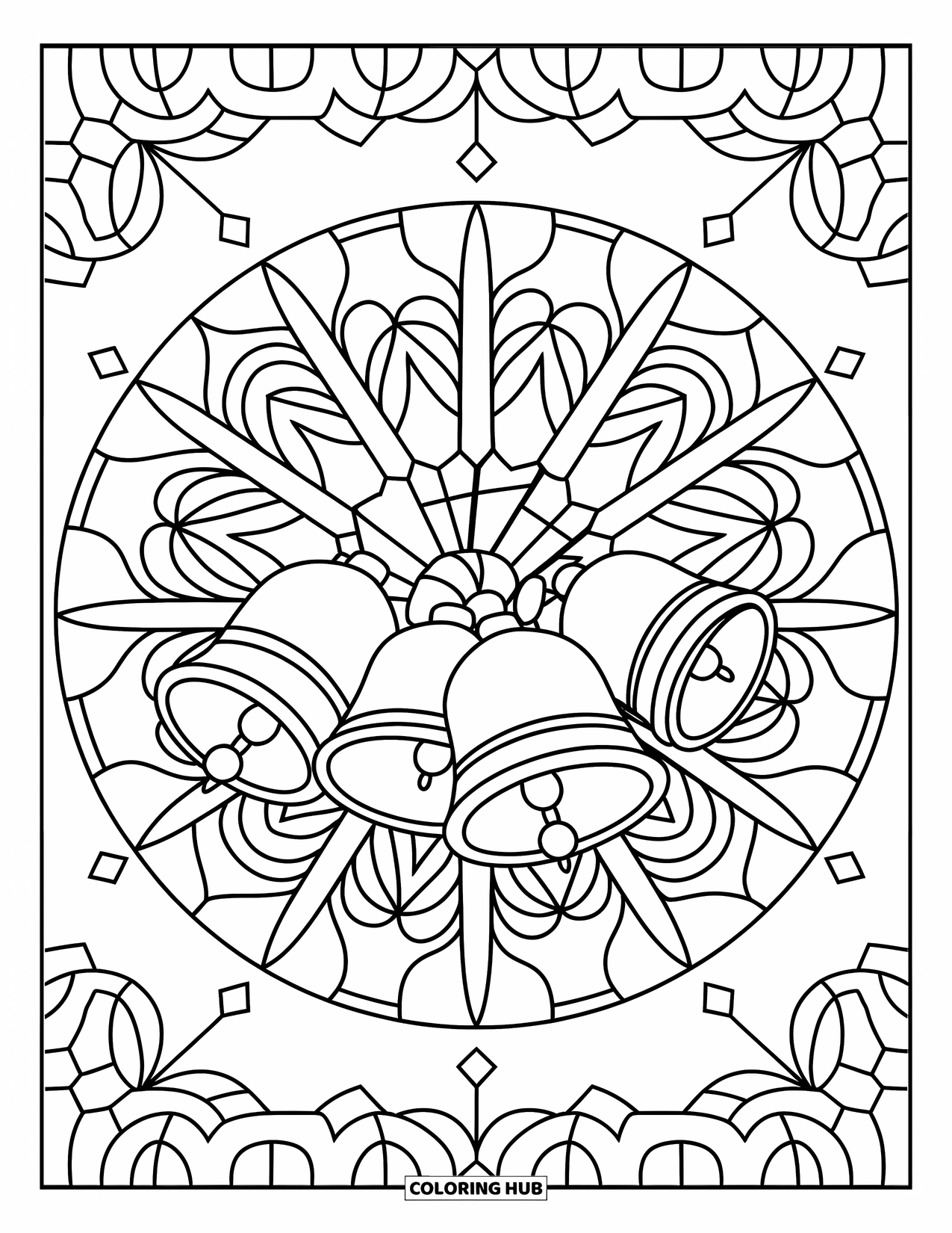 Bell Coloring Page for Adults: Cluster of jingle bells resting in a detailed snowflake pattern
