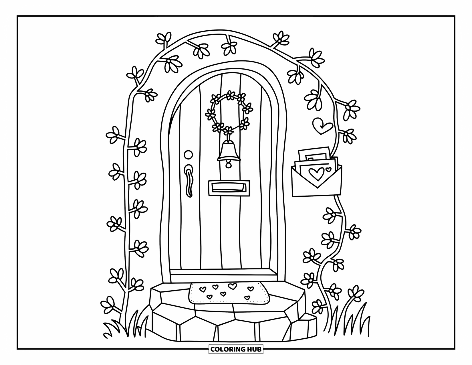 Bell Coloring Page for Adults: Cottage entrance with a chime bell, creeping vines, and a mail-filled slot