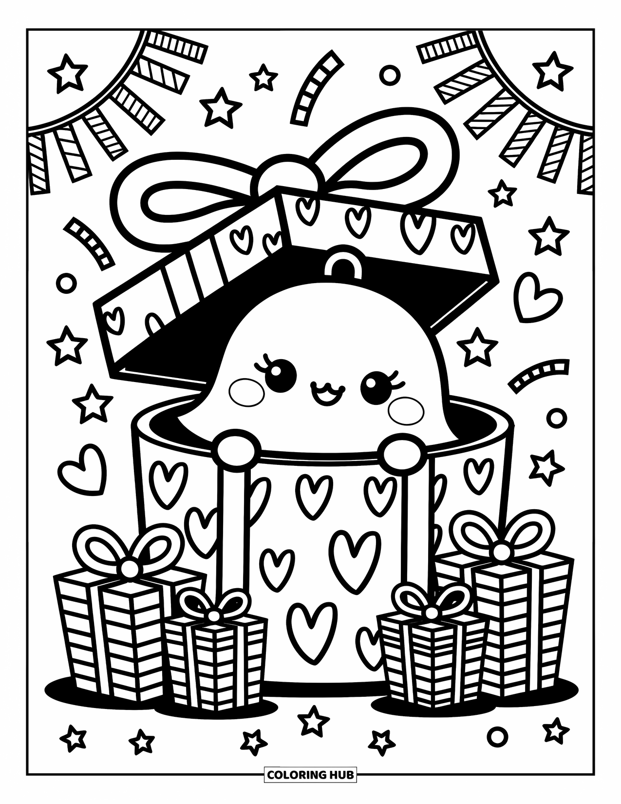 Bell Coloring Page for Adults: Cute bell with cheeks popping from a gift box among confetti and patterned presents