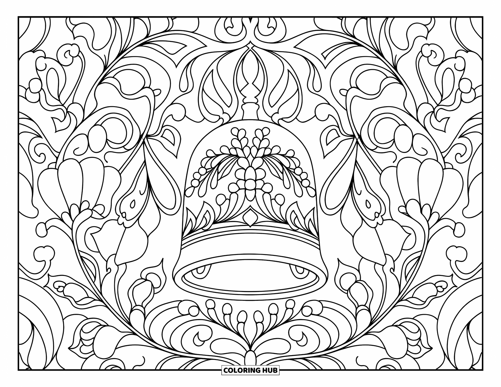 Bell Coloring Page for Adults: Floral filigree surrounds a single antique bell in the center