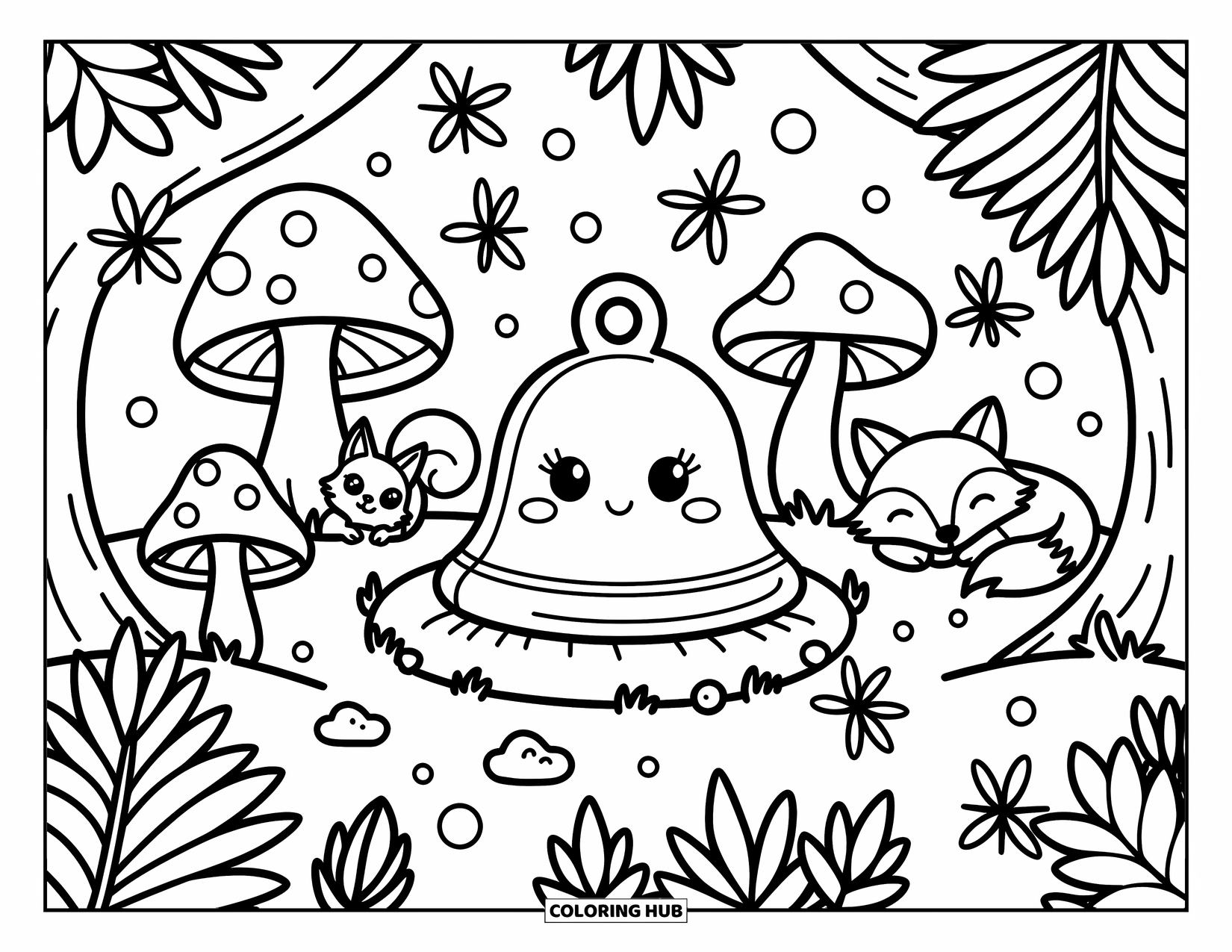 Bell Coloring Page for Adults: Forest bell resting on moss with a squirrel, a fox, and glowing orbs nearby