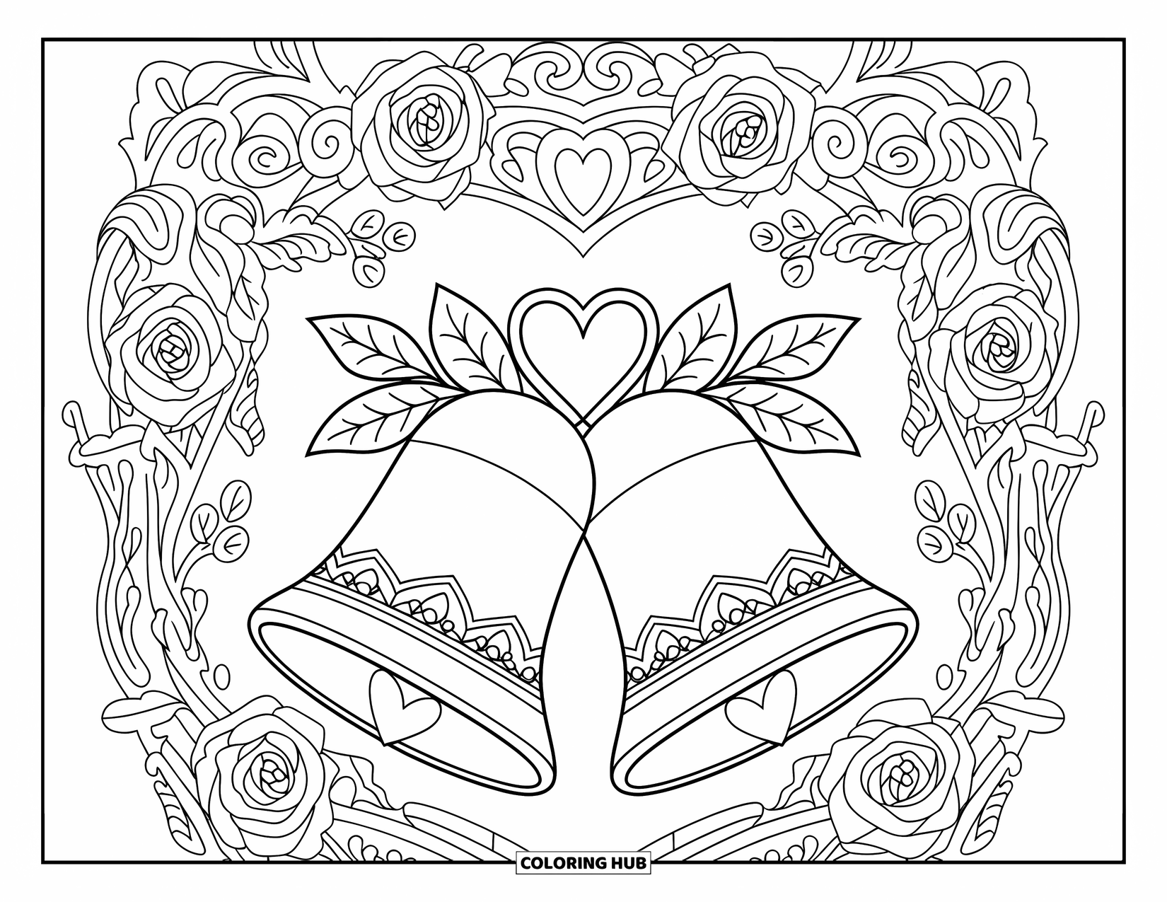 Bell Coloring Page for Adults: Heart-handled wedding bells surrounded by roses, ivy, and intricate patterns