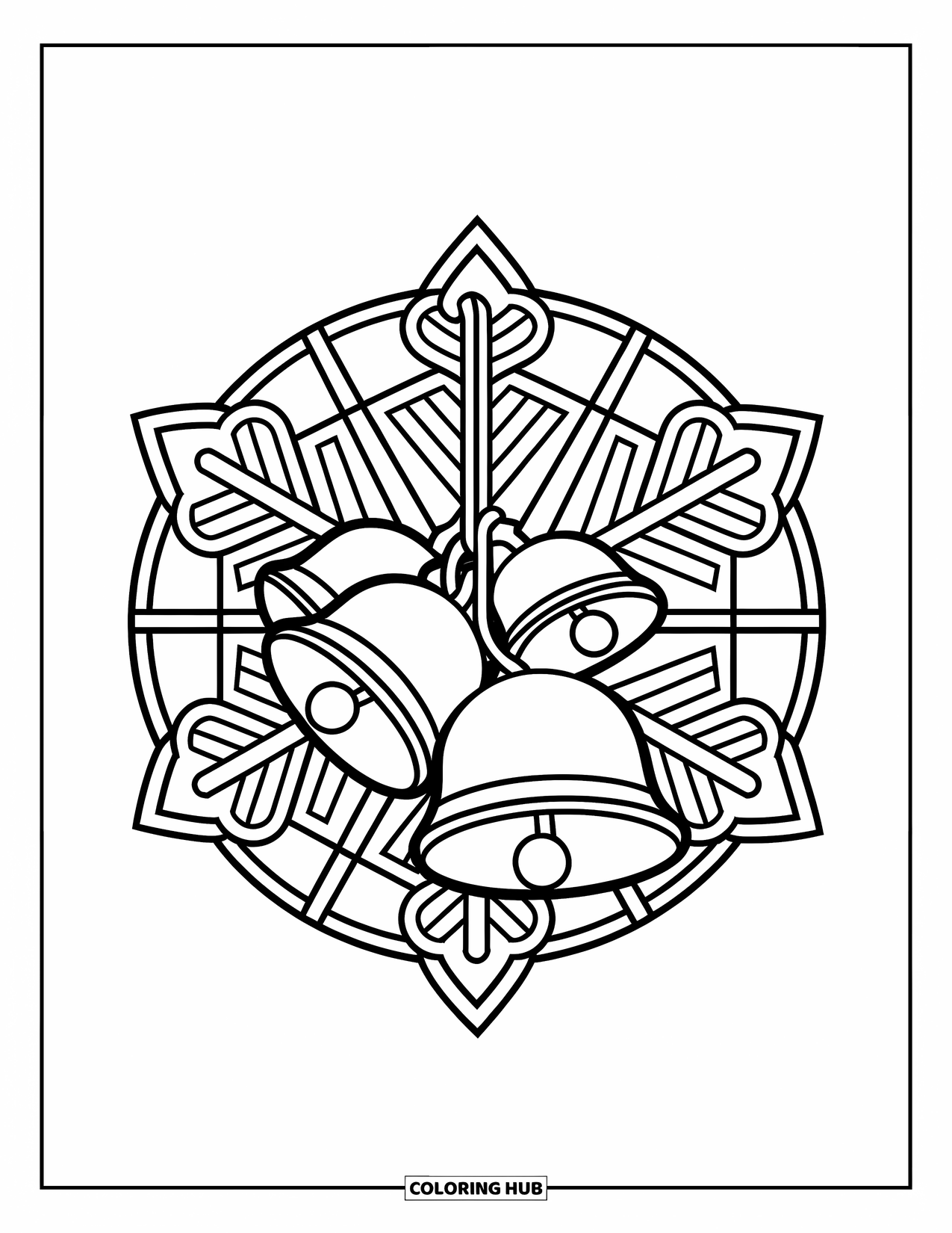 Bell Coloring Page for Adults: Jingle bells hanging in the center of a stained-glass-style snowflake
