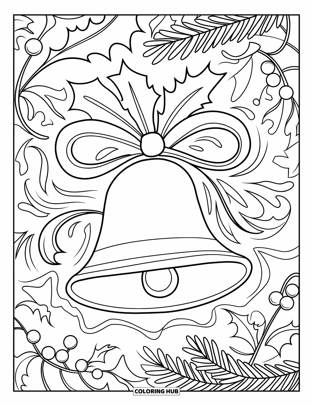 Bell Coloring Page for Adults: Large Christmas bell wrapped in swirling holly leaves and a festive ribbon